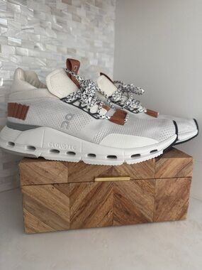 On Cloud Women’s Athletic Shoes in White with Tan Accents